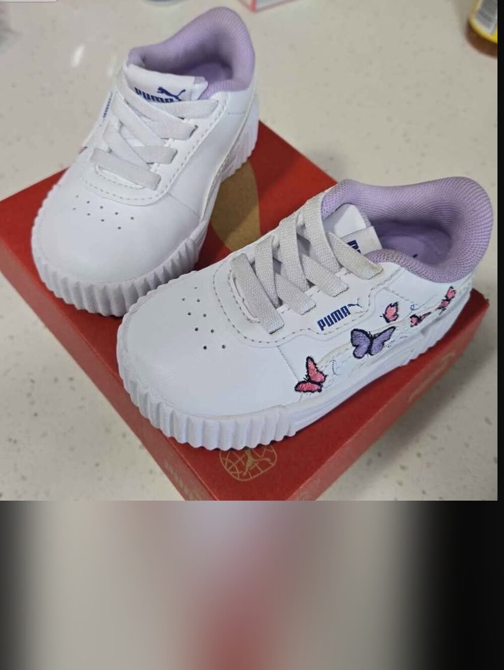 Puma Kids White Sneakers with Lavender Lining and Butterfly Embroidery